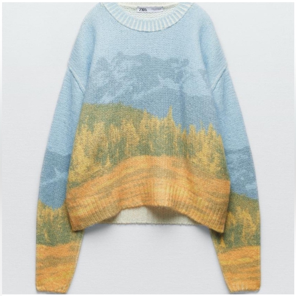 Zara Women's Jacquard Knit Blue and Yellow Landscape Sweater
